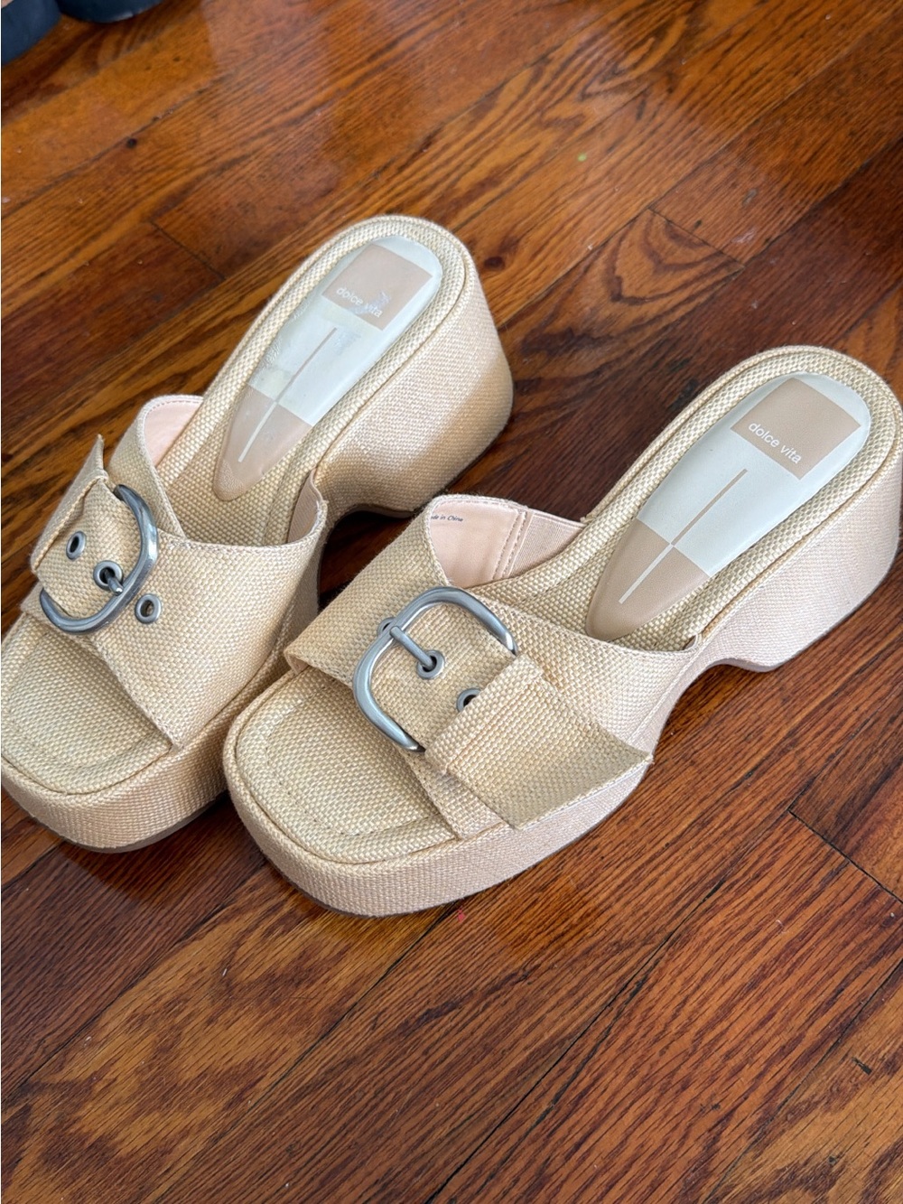 Dolce Vita Natural Beige Platform Buckle Mules